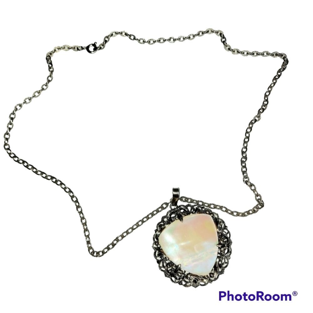 * Silver tone necklace pendant & opal essence triangle floral lace back
